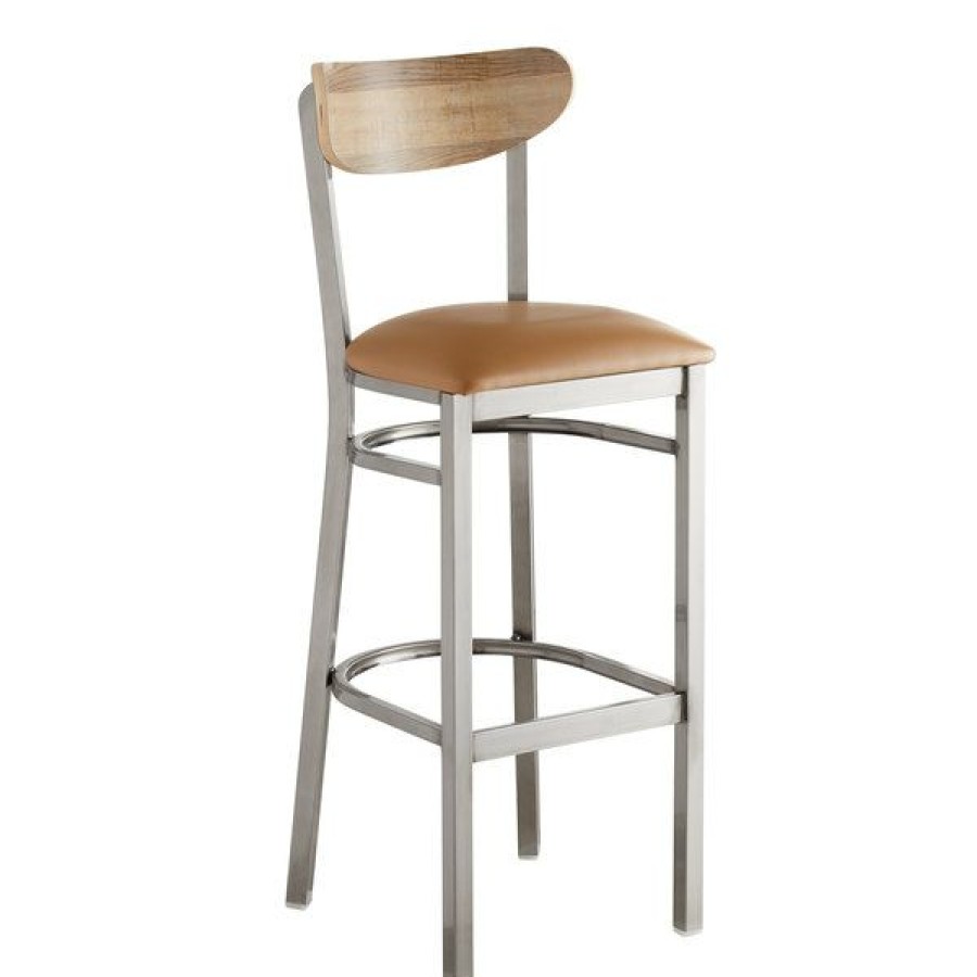 Restaurant Bar Stools * | Flash Sale Lt&S Boomerang Series Lancaster Table & Seating Boomerang Bar Height Clear Coat Chair With Light Brown Vinyl Seat And Driftwood Back