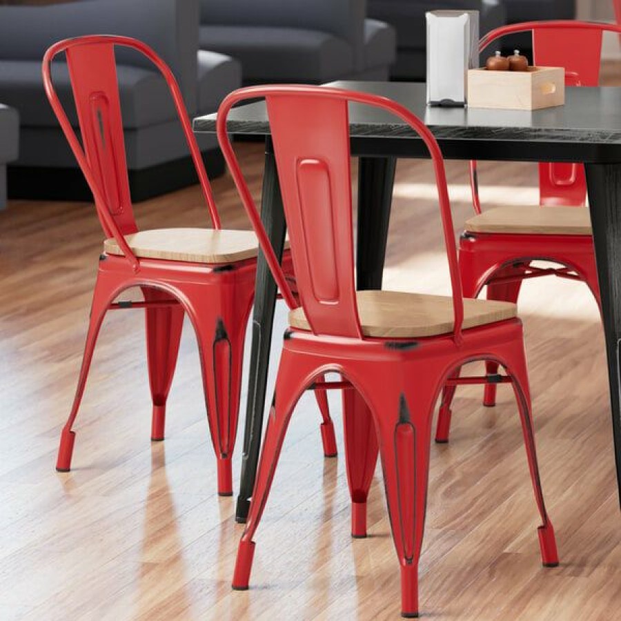 Restaurant Chairs * | Best Reviews Of Lt&S Alloy Series Lancaster Table & Seating Alloy Series Distressed Red Metal Indoor Industrial Cafe Chair With Vertical Slat Back And Natural Wood Seat