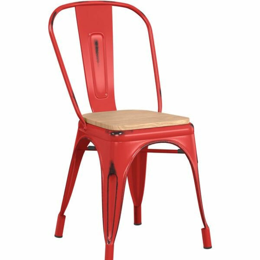 Restaurant Chairs * | Best Reviews Of Lt&S Alloy Series Lancaster Table & Seating Alloy Series Distressed Red Metal Indoor Industrial Cafe Chair With Vertical Slat Back And Natural Wood Seat