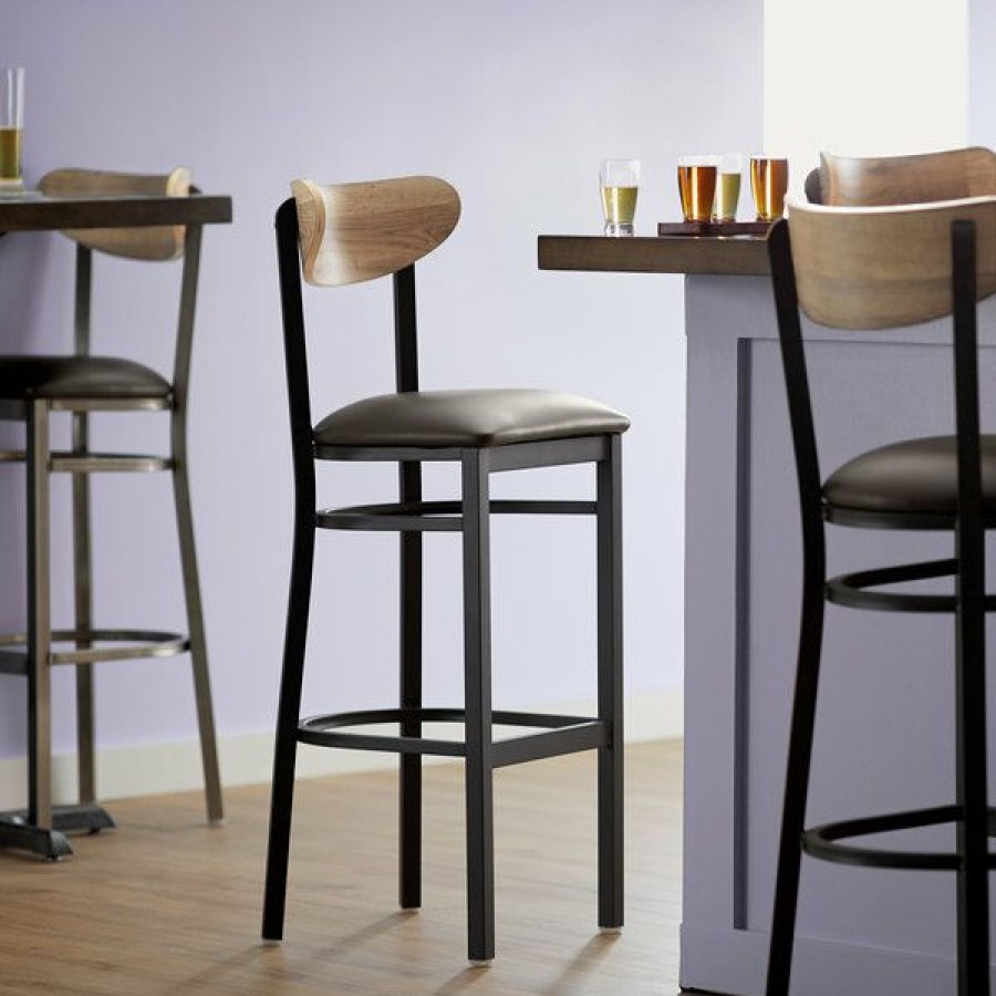 Restaurant Bar Stools * | Discount Lt&S Boomerang Series Lancaster Table & Seating Boomerang Bar Height Black Chair With Dark Brown Vinyl Seat And Driftwood Back