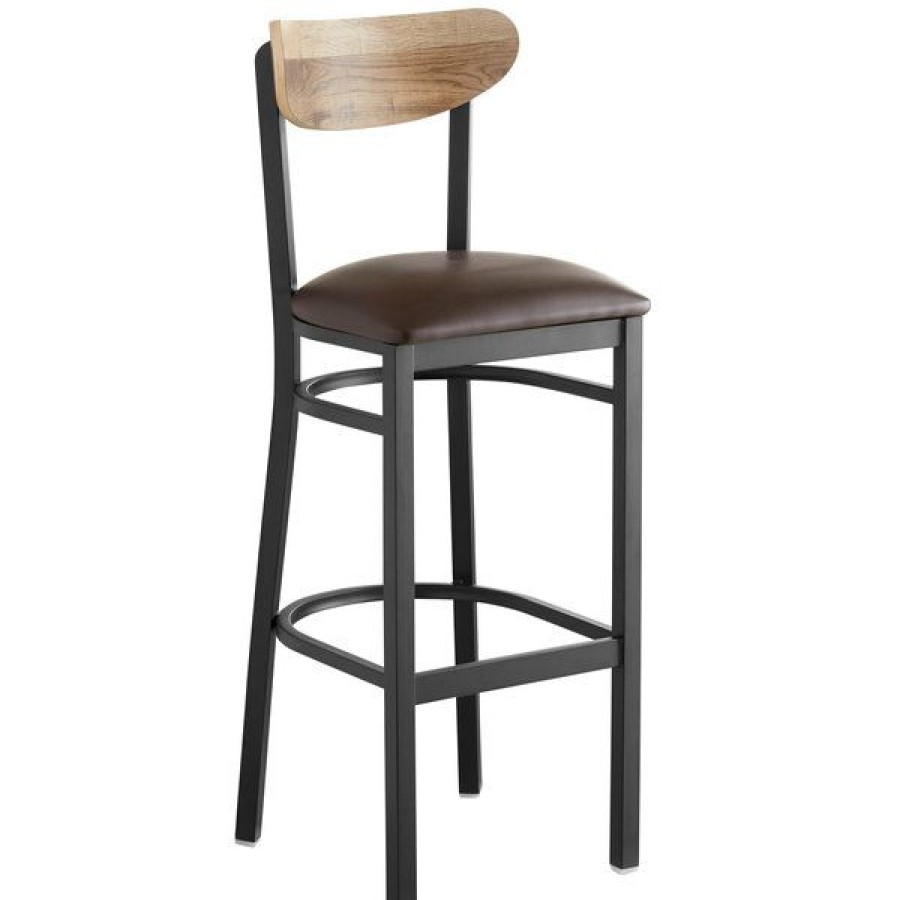 Restaurant Bar Stools * | Discount Lt&S Boomerang Series Lancaster Table & Seating Boomerang Bar Height Black Chair With Dark Brown Vinyl Seat And Driftwood Back