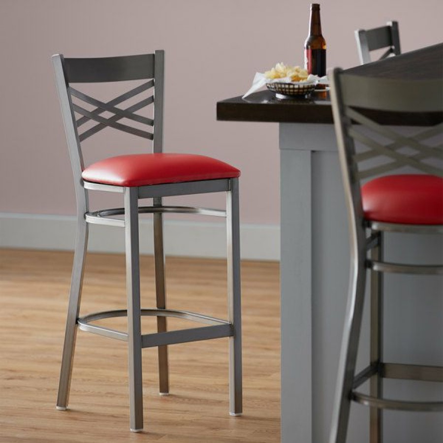 Restaurant Bar Stools * | Cheap Lancaster Table & Seating Clear Coat Steel Cross Back Bar Height Chair With 2 1/2 Red Vinyl Seat