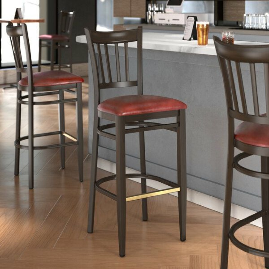 Restaurant Bar Stools * | Outlet Lt&S Spartan Series Lancaster Table & Seating Spartan Series Bar Height Metal Slat Back Chair With Walnut Wood Grain Finish And Burgundy Vinyl Seat