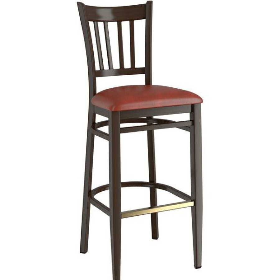 Restaurant Bar Stools * | Outlet Lt&S Spartan Series Lancaster Table & Seating Spartan Series Bar Height Metal Slat Back Chair With Walnut Wood Grain Finish And Burgundy Vinyl Seat