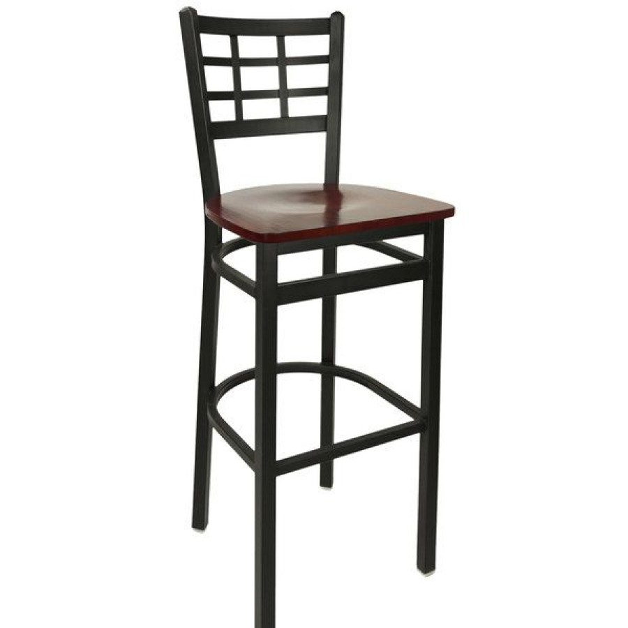 Restaurant Bar Stools * | Outlet Bfm Seating 2163Bmhw-Sb Marietta Sand Black Metal Bar Height Chair With Mahogany Wood Seat