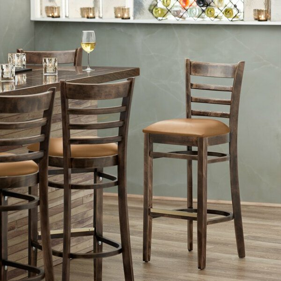 Restaurant Bar Stools * | Wholesale Lancaster Table & Seating Vintage Ladder Back Bar Height Chair With Light Brown Padded Seat