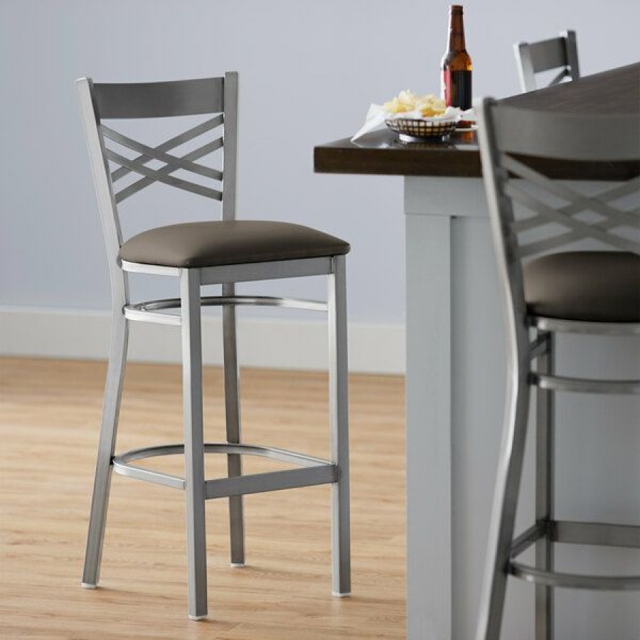 Restaurant Bar Stools * | Discount Lancaster Table & Seating Clear Coat Cross Back Bar Height Chair With Taupe Padded Seat