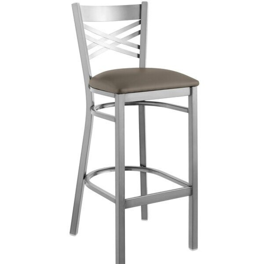 Restaurant Bar Stools * | Discount Lancaster Table & Seating Clear Coat Cross Back Bar Height Chair With Taupe Padded Seat