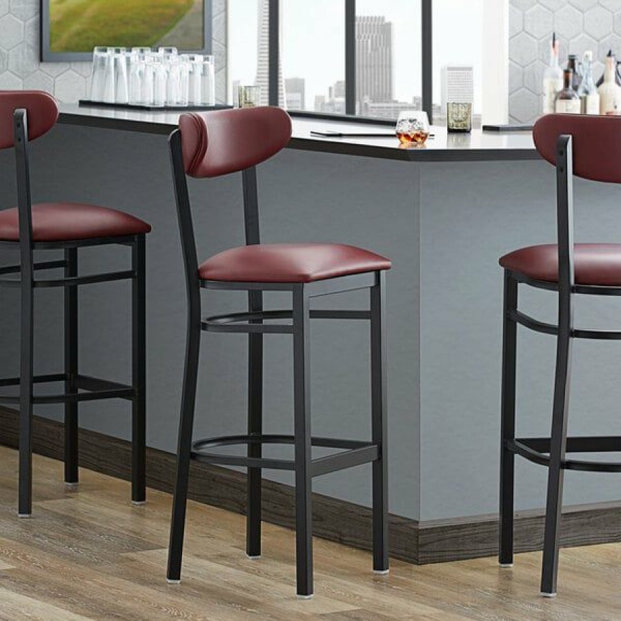 Restaurant Bar Stools * | New Lt&S Boomerang Series Lancaster Table & Seating Boomerang Bar Height Black Coat Chair With Burgundy Vinyl Seat And Back