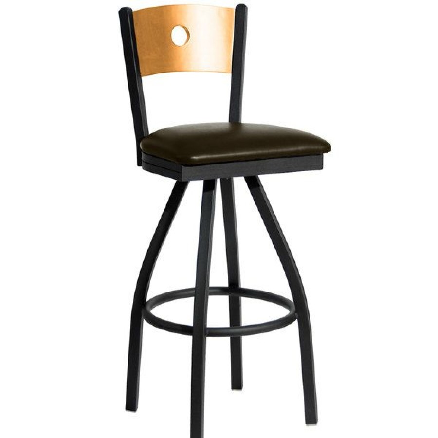 Restaurant Bar Stools * | New Bfm Seating 2152Sdbv-Ntsb Darby Sand Black Metal Bar Height Chair With Natural Wooden Back And 2 Dark Brown Vinyl Swivel Seat