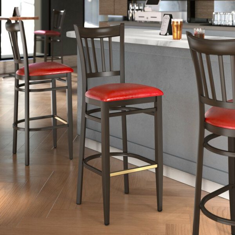 Restaurant Bar Stools * | Outlet Lt&S Spartan Series Lancaster Table & Seating Spartan Series Bar Height Metal Slat Back Chair With Walnut Wood Grain Finish And Red Vinyl Seat