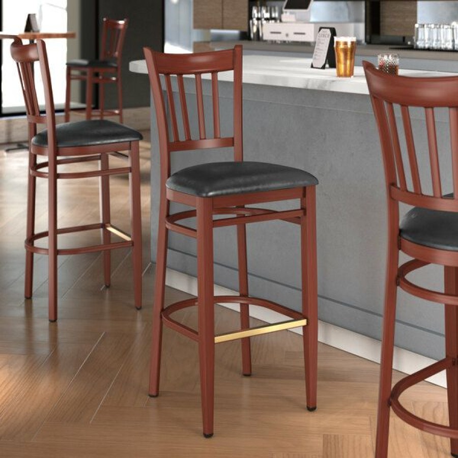 Restaurant Bar Stools * | Discount Lt&S Spartan Series Lancaster Table & Seating Spartan Series Bar Height Metal Slat Back Chair With Mahogany Wood Grain Finish And Black Vinyl Seat