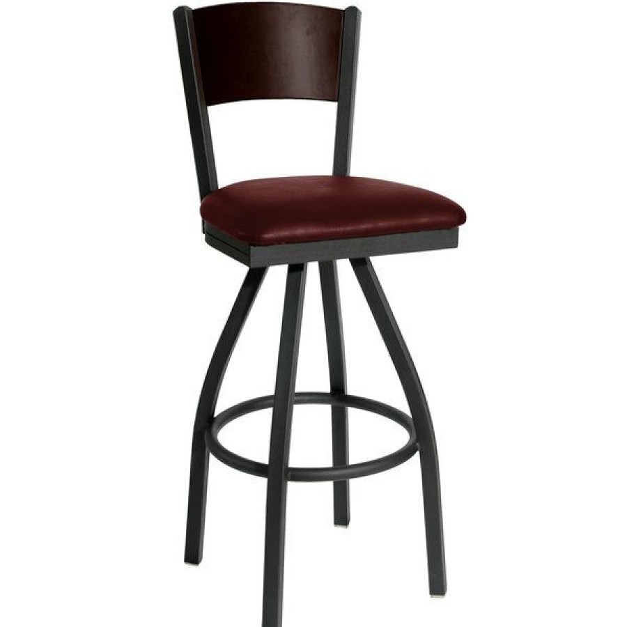 Restaurant Bar Stools * | Budget Bfm Seating 2150Sbuv-Wasb Dale Sand Black Metal Swivel Bar Height Chair With Walnut Finish Wooden Back And 2 Burgundy Vinyl Seat