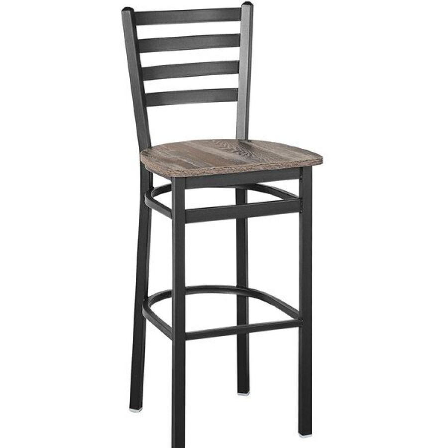 Restaurant Bar Stools * | Budget Bfm Seating Lima Sand Black Steel Ladder Back Barstool With Relic Farmhouse Seat