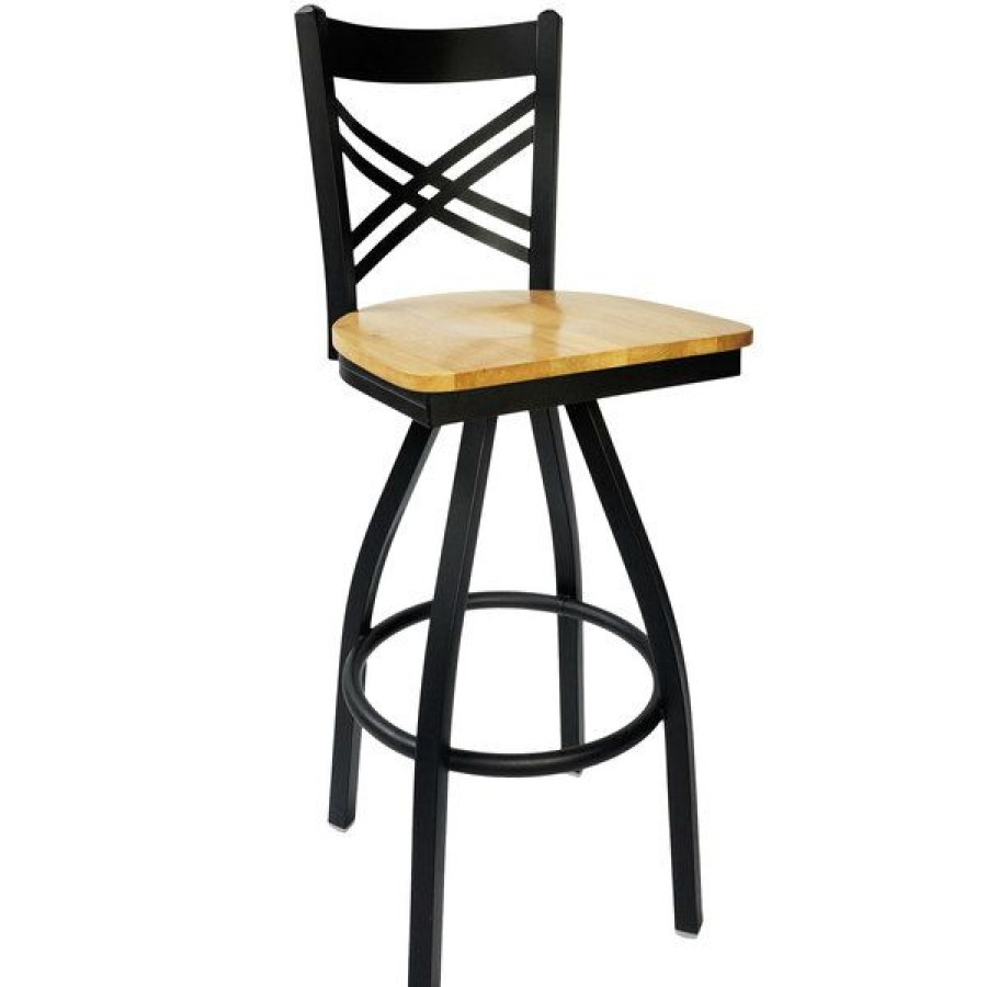 Restaurant Bar Stools * | Coupon Bfm Seating 2130Sntw-Sb Akrin Metal Barstool With Natural Wood Swivel Seat