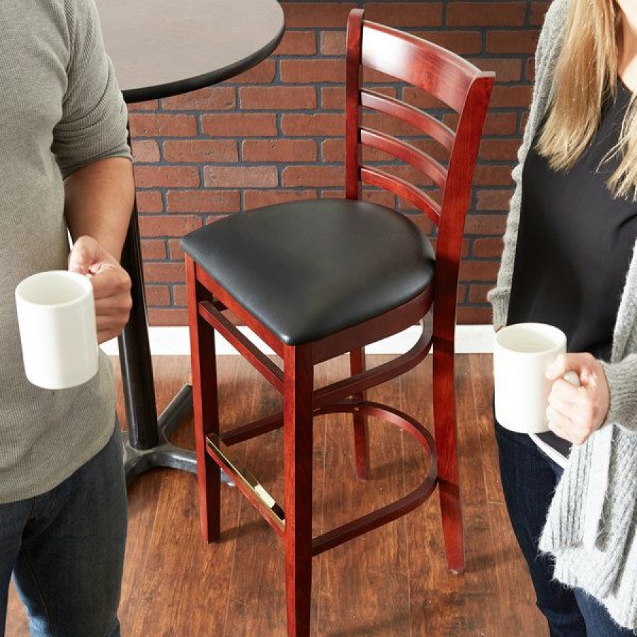 Restaurant Bar Stools * | Flash Sale Lancaster Table & Seating Mahogany Ladder Back Bar Height Chair With Black Padded Seat