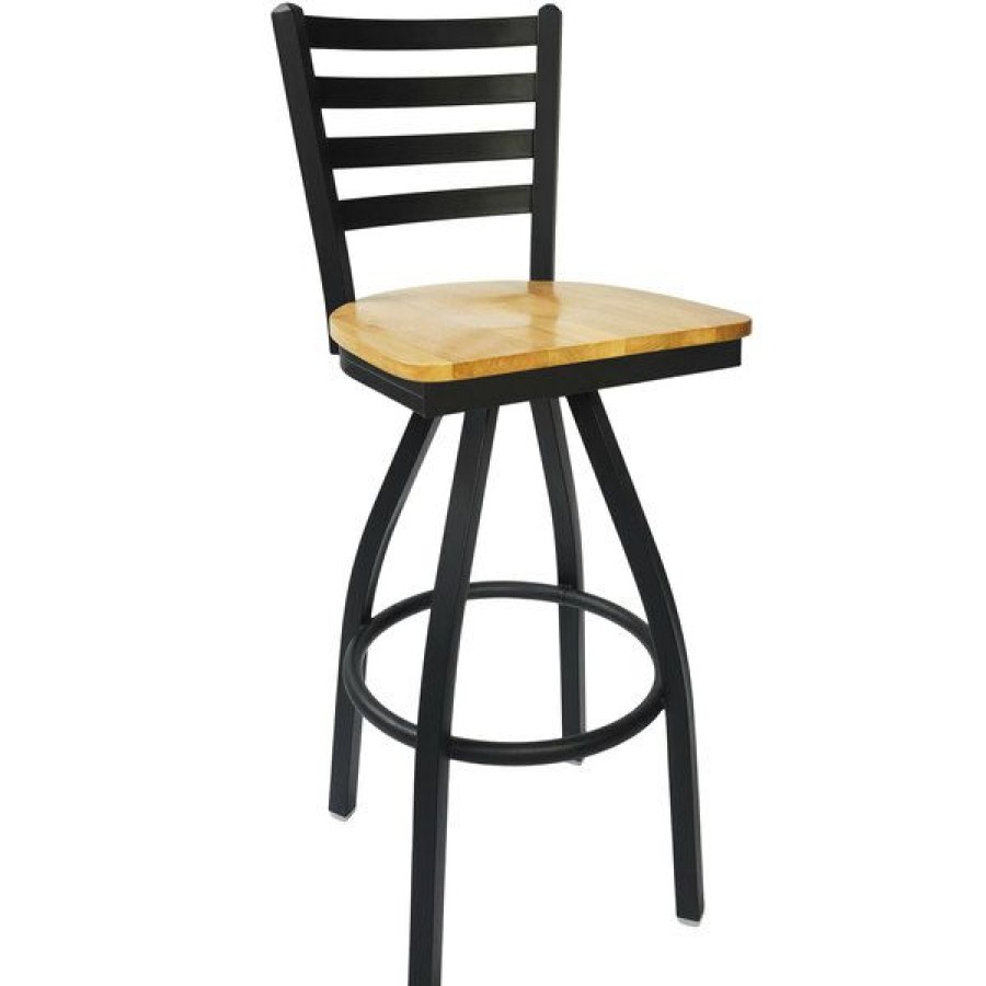 Restaurant Bar Stools * | Flash Sale Bfm Seating 2160Sntw-Sb Lima Sand Black Steel Bar Height Chair With Natural Wood Swivel Seat