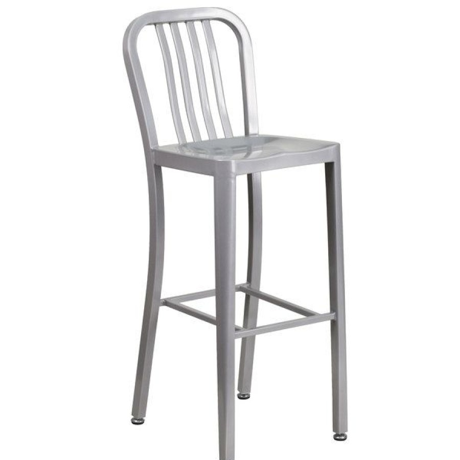 Outdoor Restaurant Bar Stools * | Top 10 Flash Furniture Ch-61200-30-Sil-Gg 30 Silver Metal Indoor / Outdoor Bar Height Stool With Vertical Slat Back