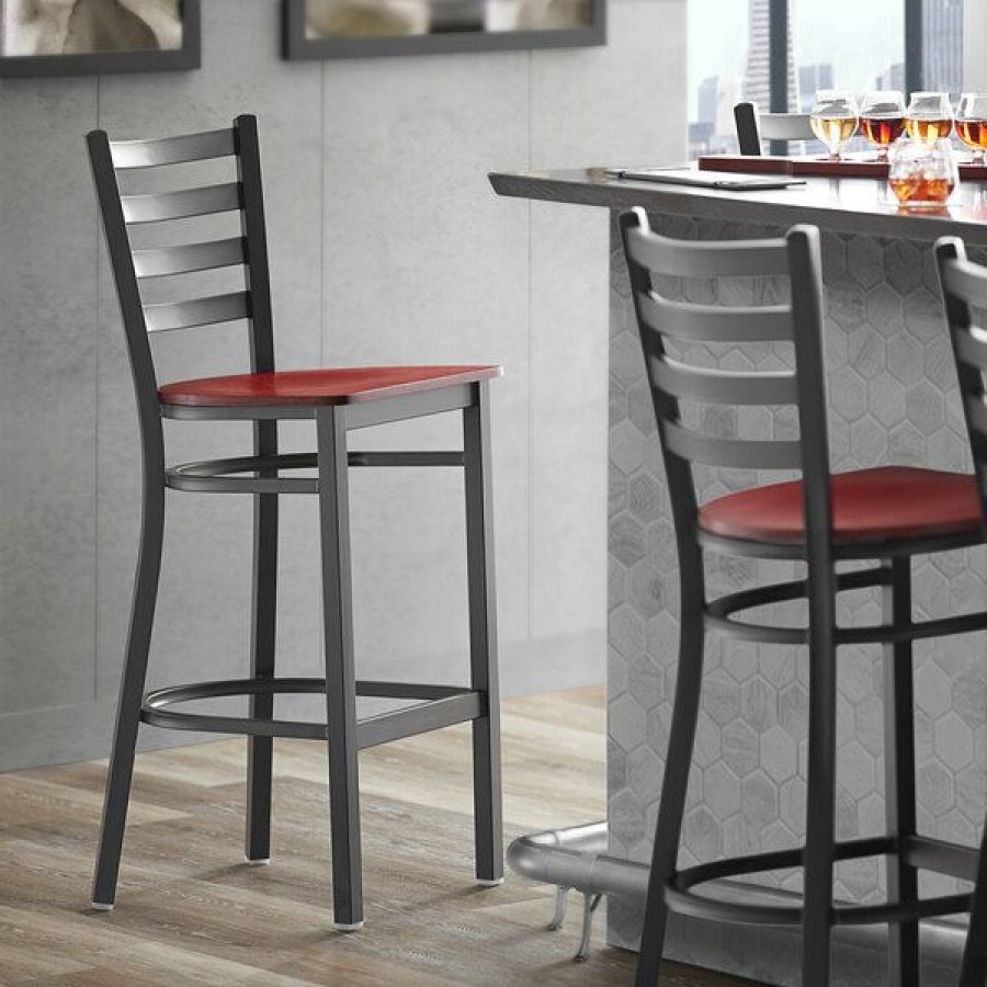 Restaurant Bar Stools * | Cheapest Lancaster Table & Seating Black Frame Ladder Back Bar Height Chair With Mahogany Wood Seat