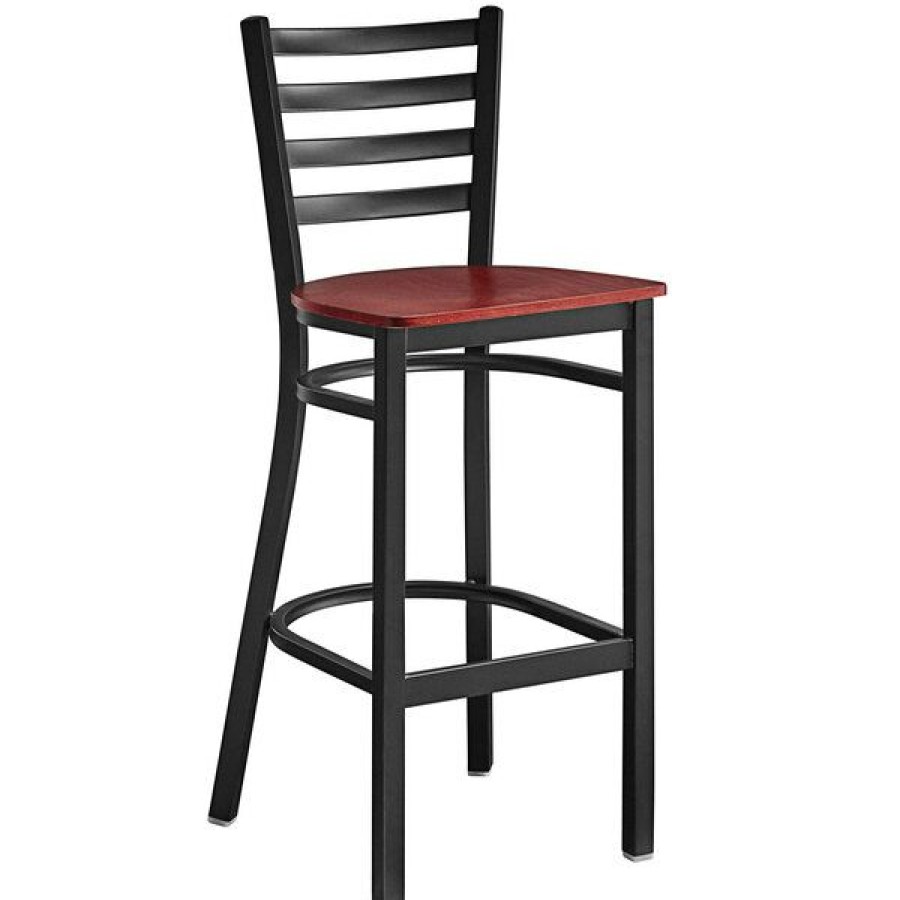 Restaurant Bar Stools * | Cheapest Lancaster Table & Seating Black Frame Ladder Back Bar Height Chair With Mahogany Wood Seat