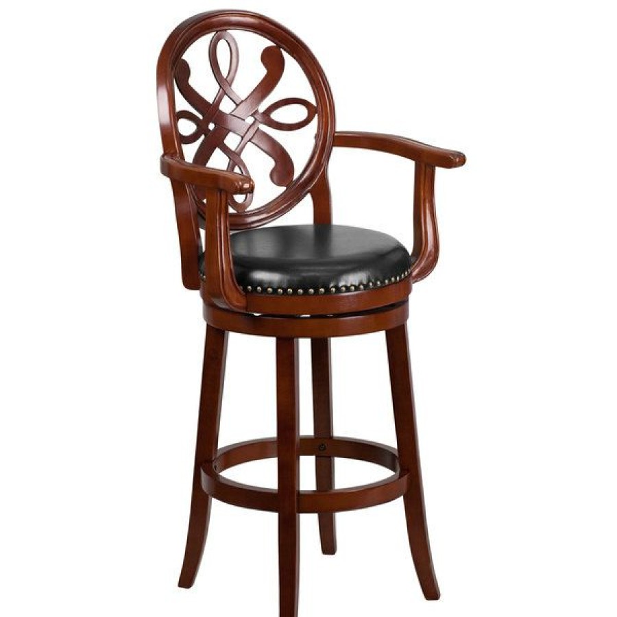 Restaurant Bar Stools * | Outlet Flash Furniture Ta-550230-Chy-Gg Cherry Wood Bar Height Designer Back Stool With Black Leather Swivel Seat