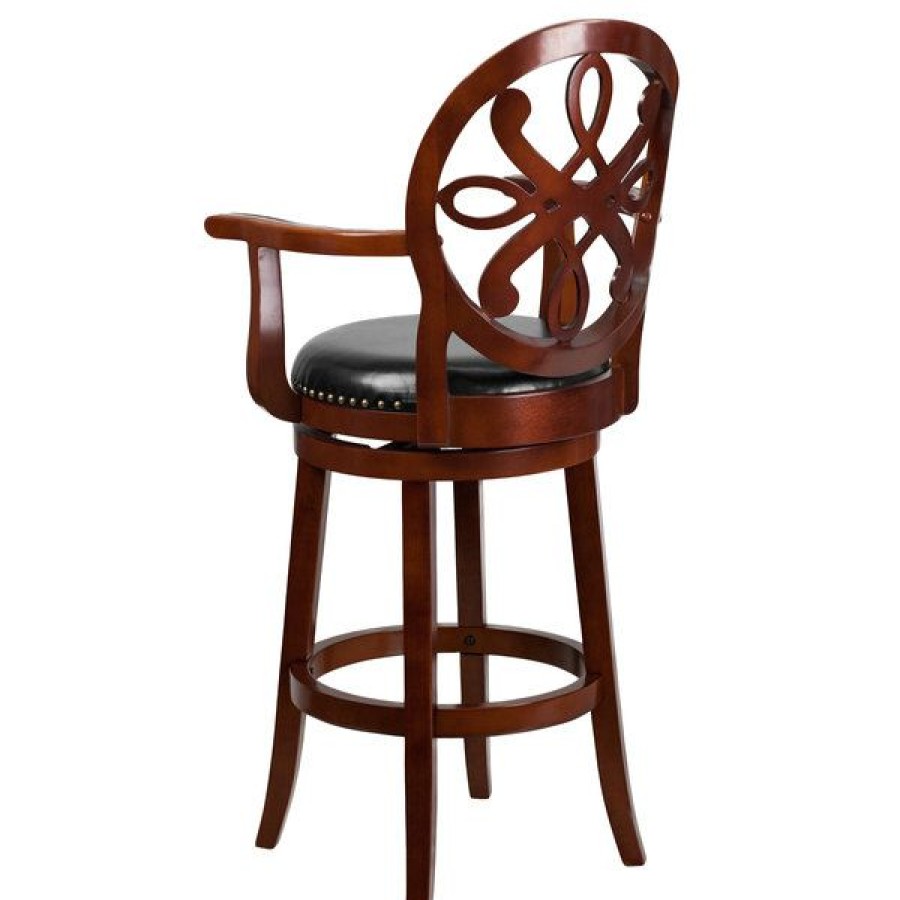 Restaurant Bar Stools * | Outlet Flash Furniture Ta-550230-Chy-Gg Cherry Wood Bar Height Designer Back Stool With Black Leather Swivel Seat