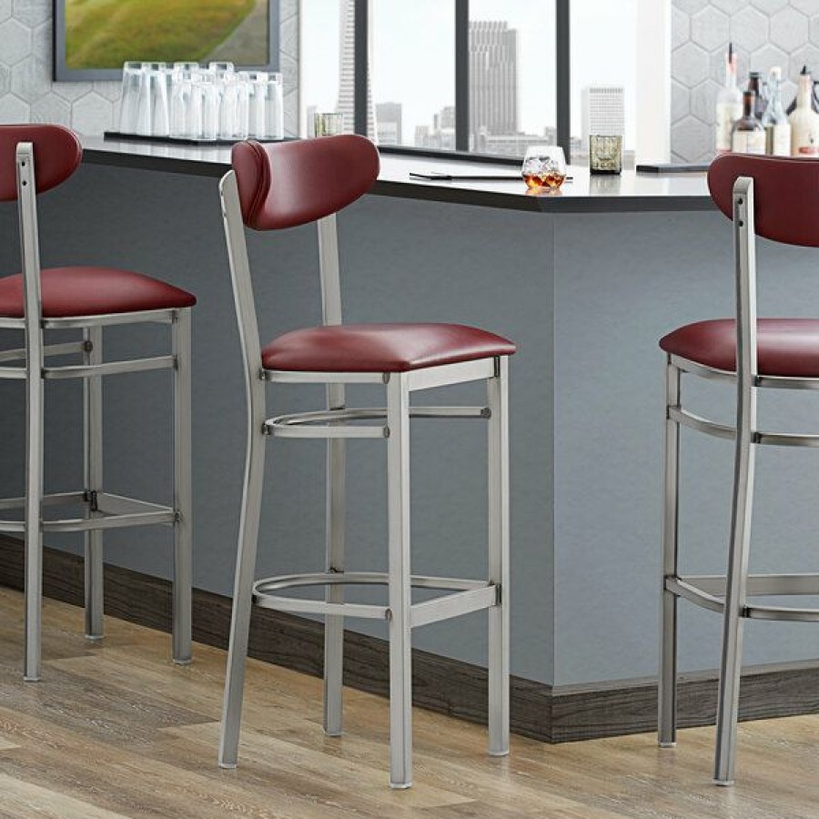 Restaurant Bar Stools * | Best Sale Lt&S Boomerang Series Lancaster Table & Seating Boomerang Bar Height Clear Coat Chair With Burgundy Vinyl Seat And Back