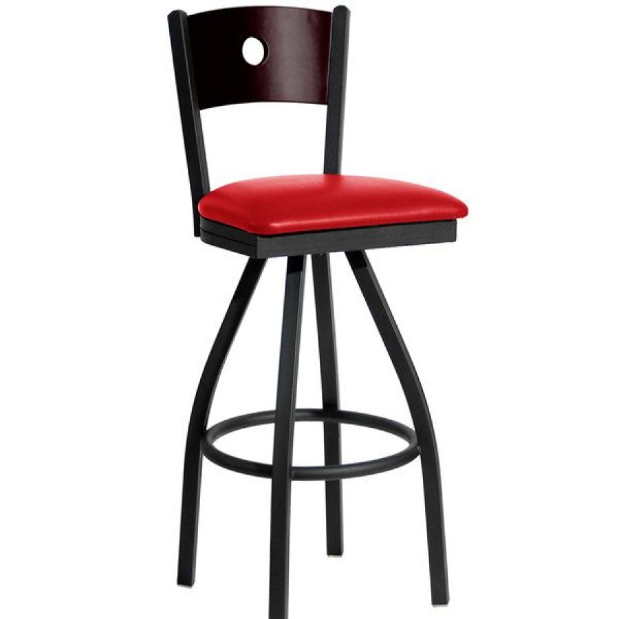 Restaurant Bar Stools * | Buy Bfm Seating 2152Srdv-Mhsb Darby Sand Black Metal Bar Height Chair With Mahogany Wooden Back And 2 Red Vinyl Swivel Seat