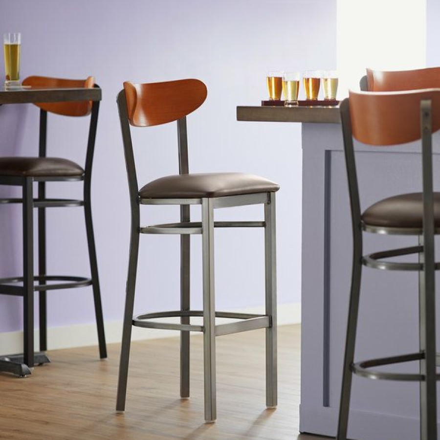 Restaurant Bar Stools * | Buy Lt&S Boomerang Series Lancaster Table & Seating Boomerang Bar Height Clear Coat Chair With Dark Brown Vinyl Seat And Cherry Back