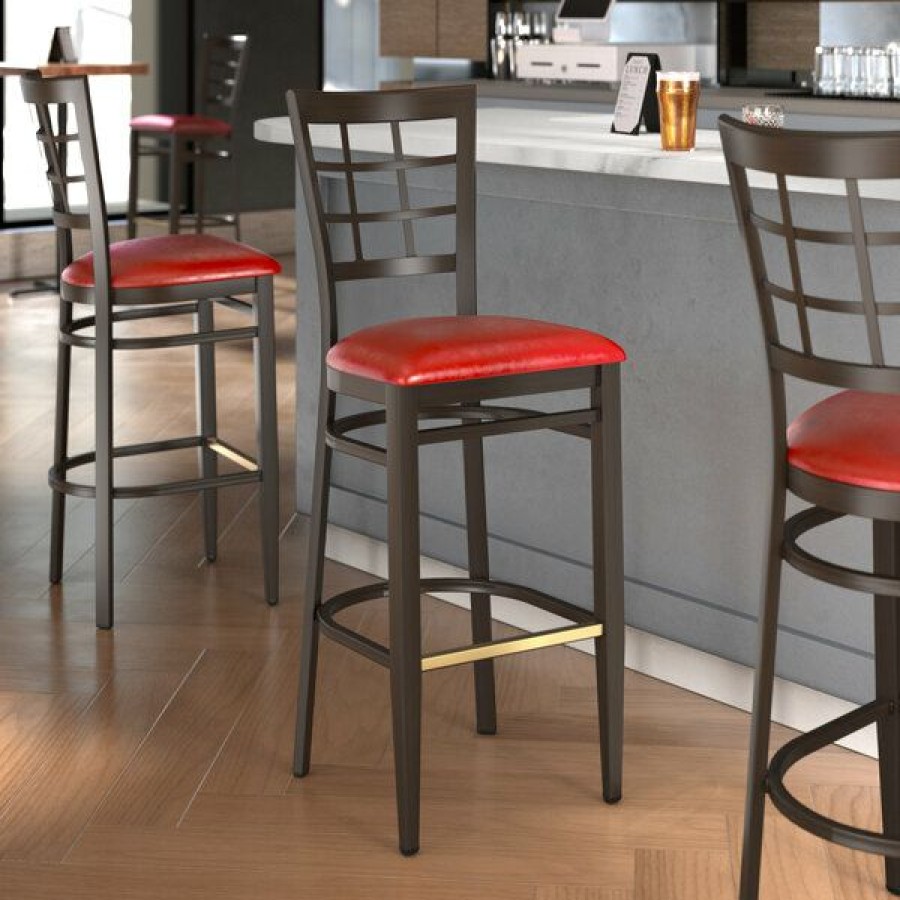 Restaurant Bar Stools * | Discount Lt&S Spartan Series Lancaster Table & Seating Spartan Series Bar Height Metal Window Back Chair With Walnut Wood Grain Finish And Red Vinyl Seat