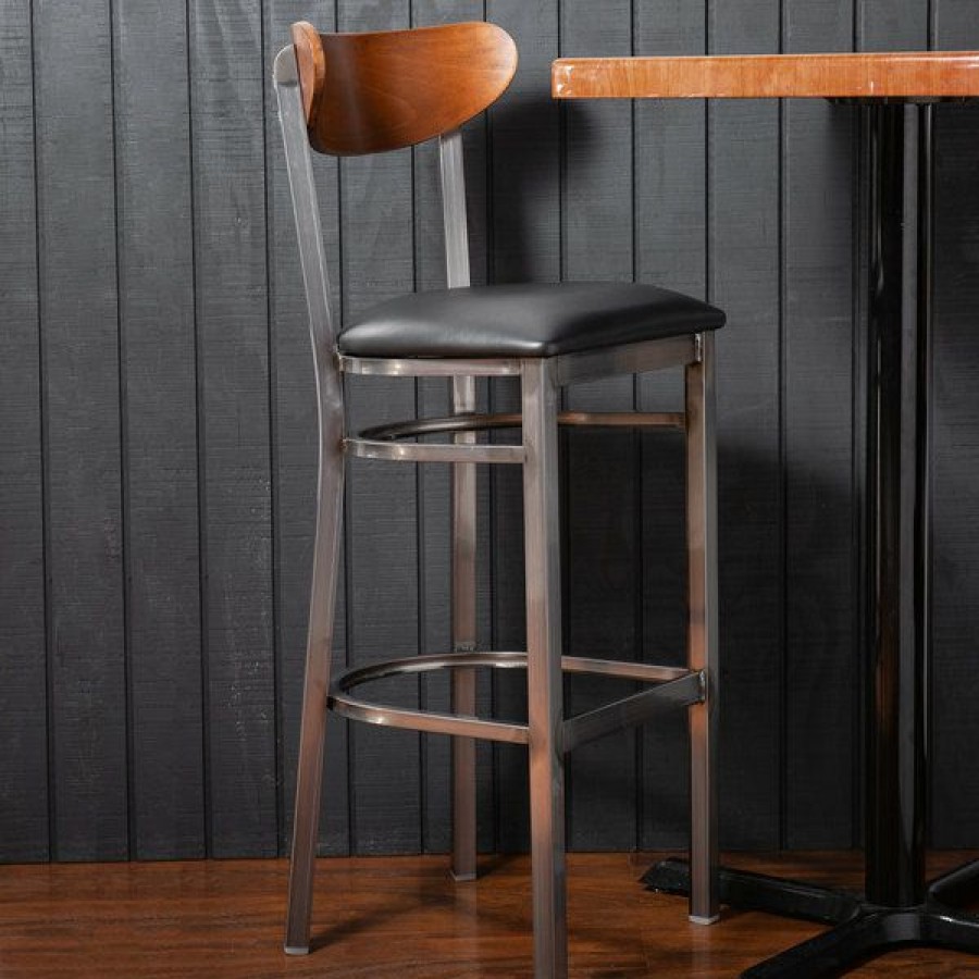 Restaurant Bar Stools * | Best Reviews Of Lt&S Boomerang Series Lancaster Table & Seating Boomerang Bar Height Clear Coat Chair With Black Vinyl Seat And Antique Walnut Back