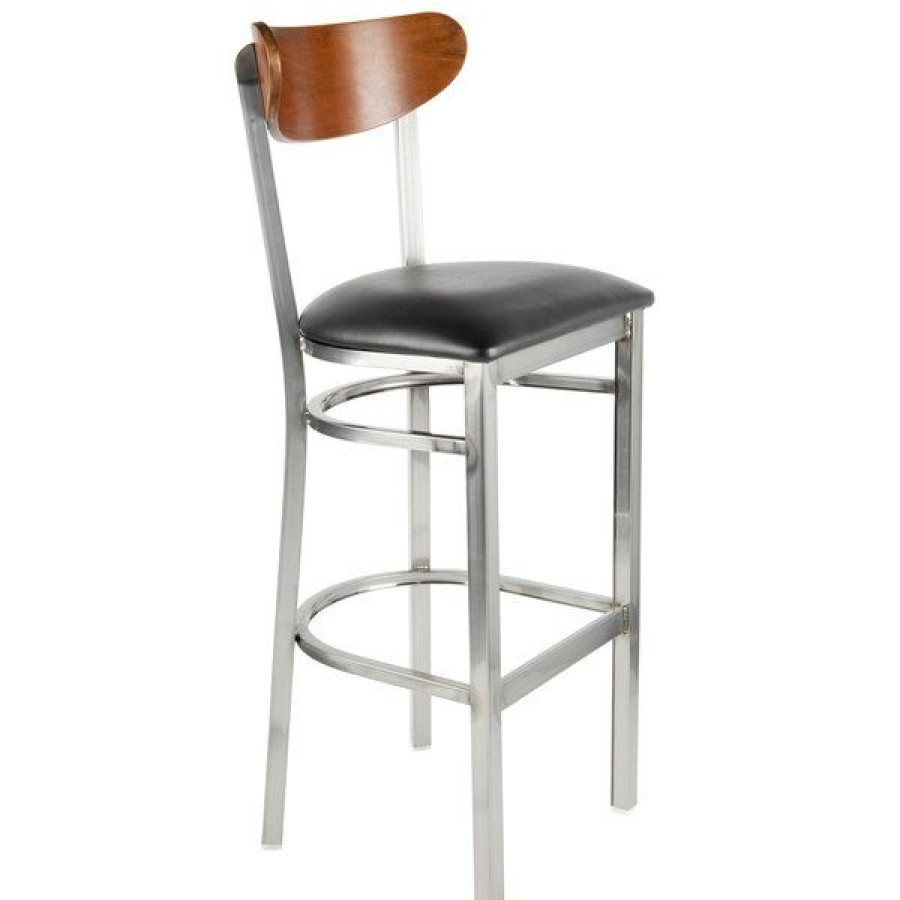 Restaurant Bar Stools * | Best Reviews Of Lt&S Boomerang Series Lancaster Table & Seating Boomerang Bar Height Clear Coat Chair With Black Vinyl Seat And Antique Walnut Back