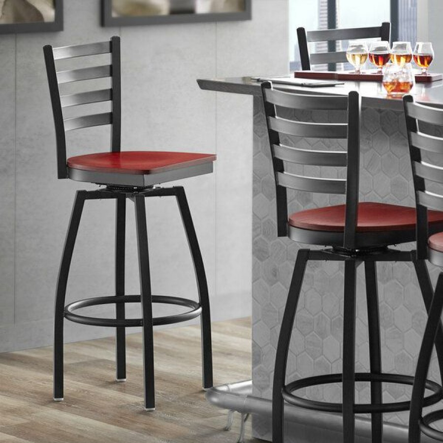 Restaurant Bar Stools * | Wholesale Lancaster Table & Seating Black Top Frame Ladder Back Swivel Bar Height Chair With Mahogany Wood Seat