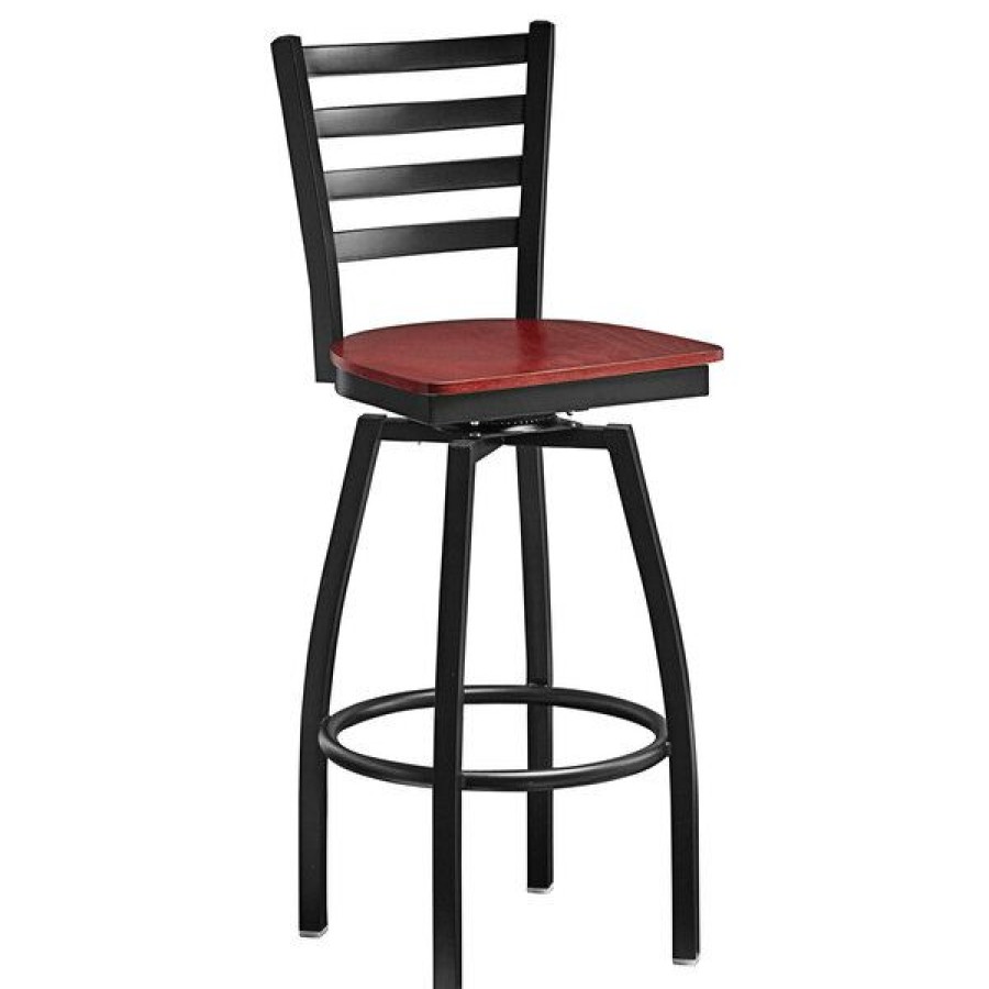 Restaurant Bar Stools * | Wholesale Lancaster Table & Seating Black Top Frame Ladder Back Swivel Bar Height Chair With Mahogany Wood Seat