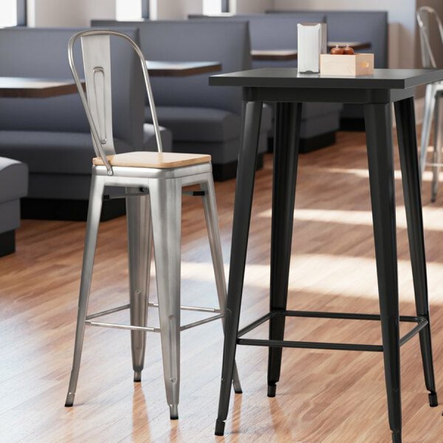 Restaurant Bar Stools * | Discount Lt&S Alloy Series Lancaster Table & Seating Alloy Series Clear Coated Metal Indoor Industrial Cafe Bar Height Stool With Vertical Slat Back And Natural Wood Seat