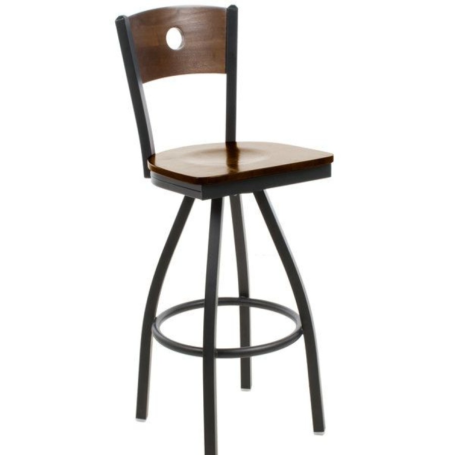 Restaurant Bar Stools * | Best Reviews Of Bfm Seating 2152Swaw-Wasb Darby Sand Black Metal Bar Height Chair With Walnut Wooden Back And Swivel Seat