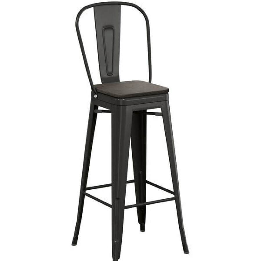 Restaurant Bar Stools * | Promo Lt&S Alloy Series Lancaster Table & Seating Alloy Series Black Metal Indoor Industrial Cafe Bar Height Stool With Vertical Slat Back And Black Wood Seat