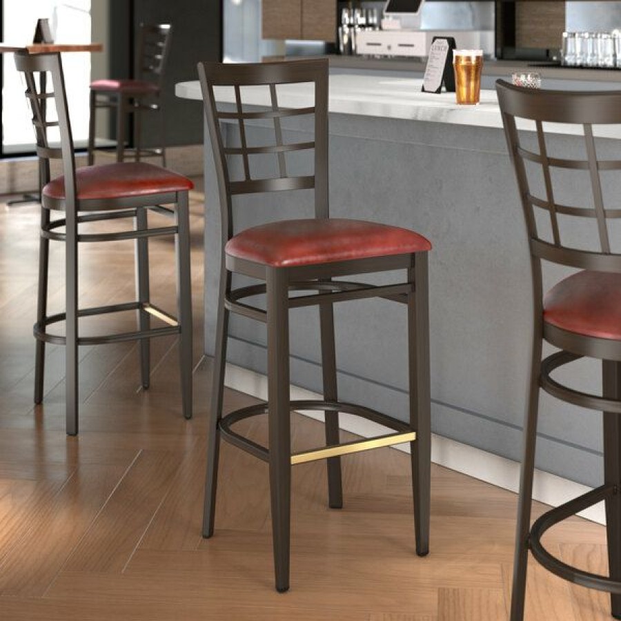 Restaurant Bar Stools * | Hot Sale Lt&S Spartan Series Lancaster Table & Seating Spartan Series Bar Height Metal Window Back Chair With Walnut Wood Grain Finish And Burgundy Vinyl Seat