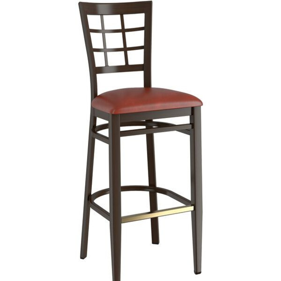 Restaurant Bar Stools * | Hot Sale Lt&S Spartan Series Lancaster Table & Seating Spartan Series Bar Height Metal Window Back Chair With Walnut Wood Grain Finish And Burgundy Vinyl Seat