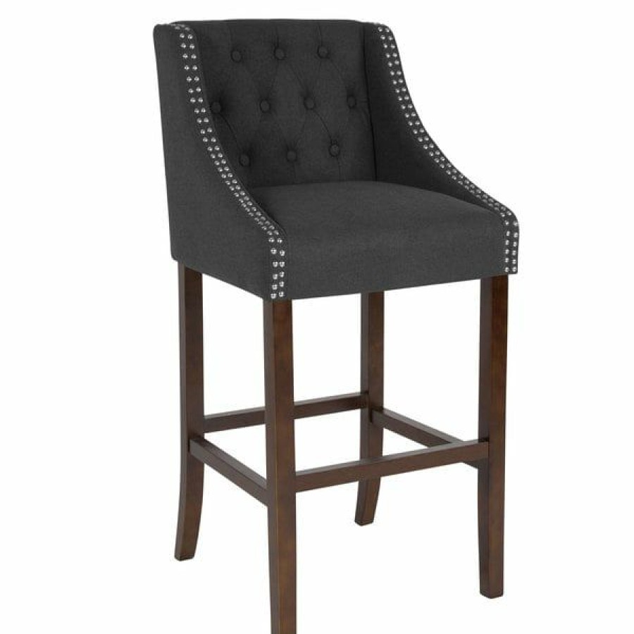 Restaurant Bar Stools * | Flash Sale Flash Furniture Ch-182020-T-30-Bk-F-Gg Carmel Series Black Tufted Fabric Bar Stool With Walnut Frame And Nail Trim Accent