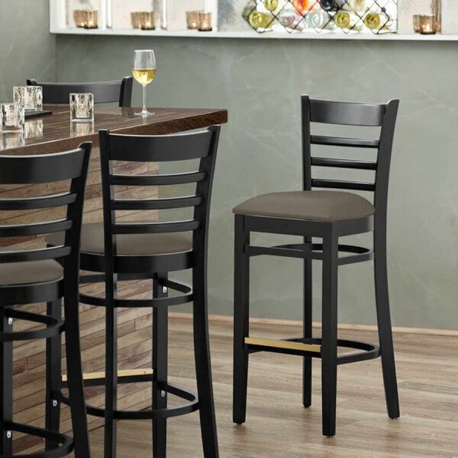 Restaurant Bar Stools * | Flash Sale Lancaster Table & Seating Black Finish Wooden Ladder Back Bar Height Chair With Taupe Padded Seat