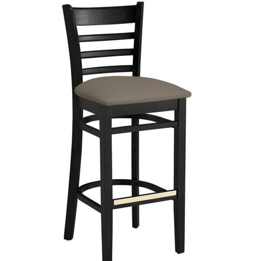 Restaurant Bar Stools * | Flash Sale Lancaster Table & Seating Black Finish Wooden Ladder Back Bar Height Chair With Taupe Padded Seat