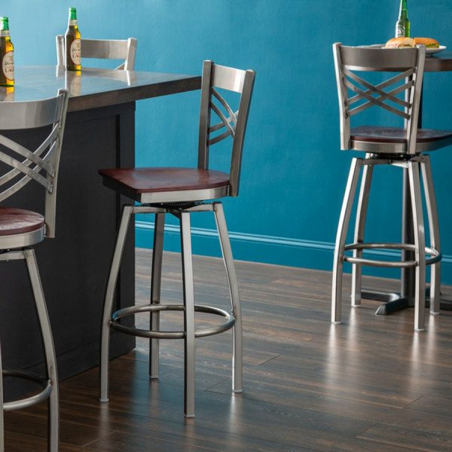 Restaurant Bar Stools * | Coupon Lancaster Table & Seating Cross Back Bar Height Clear Coat Swivel Chair With Mahogany Wood Seat