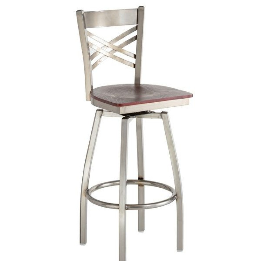 Restaurant Bar Stools * | Coupon Lancaster Table & Seating Cross Back Bar Height Clear Coat Swivel Chair With Mahogany Wood Seat