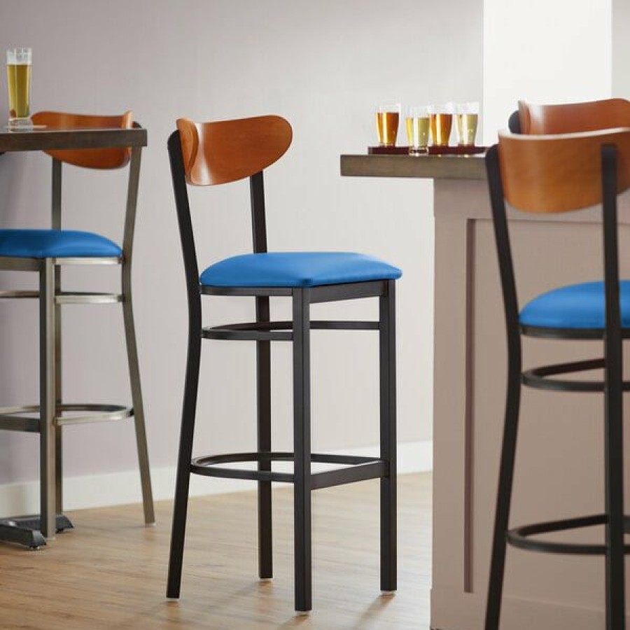 Restaurant Bar Stools * | Best Sale Lt&S Boomerang Series Lancaster Table & Seating Boomerang Bar Height Black Chair With Blue Vinyl Seat And Cherry Back