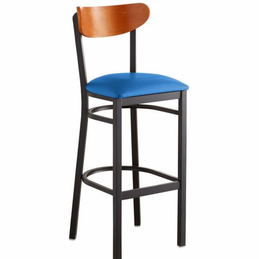 Restaurant Bar Stools * | Best Sale Lt&S Boomerang Series Lancaster Table & Seating Boomerang Bar Height Black Chair With Blue Vinyl Seat And Cherry Back