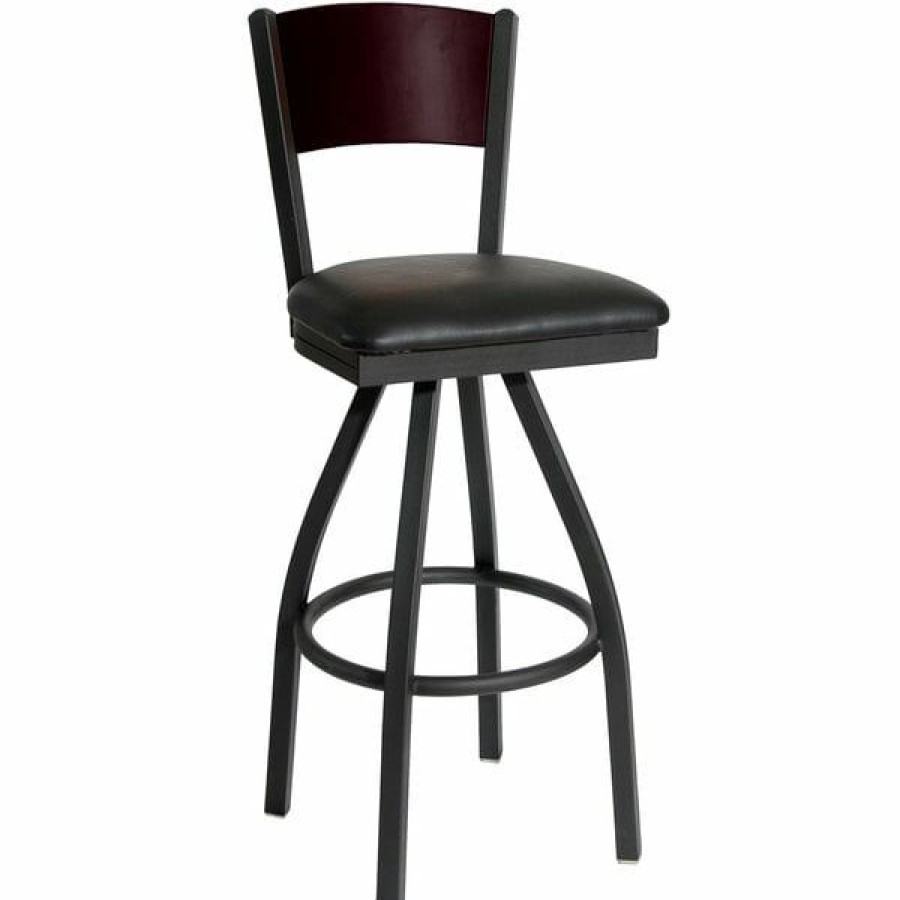 Restaurant Bar Stools * | Buy Bfm Seating 2150Sblv-Mhsb Dale Sand Black Metal Swivel Bar Height Chair With Mahogany Finish Wooden Back And 2 Black Vinyl Seat