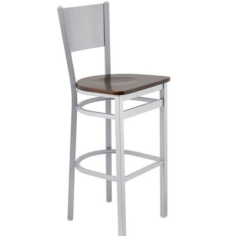 Restaurant Bar Stools * | Wholesale Bfm Seating 2140Bwaw-Sm Axel Silver Mist Steel Bar Height Chair With Walnut Wood Seat