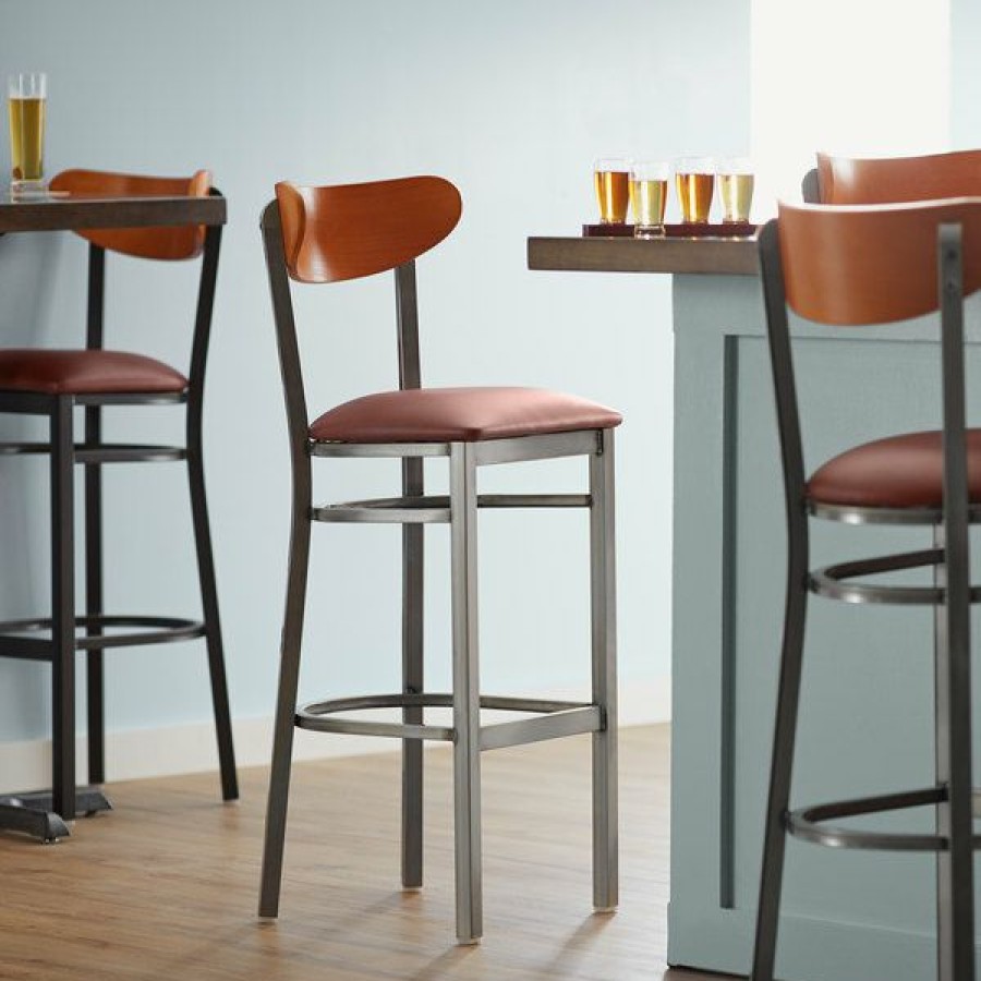 Restaurant Bar Stools * | Cheap Lt&S Boomerang Series Lancaster Table & Seating Boomerang Bar Height Clear Coat Chair With Burgundy Vinyl Seat And Cherry Back