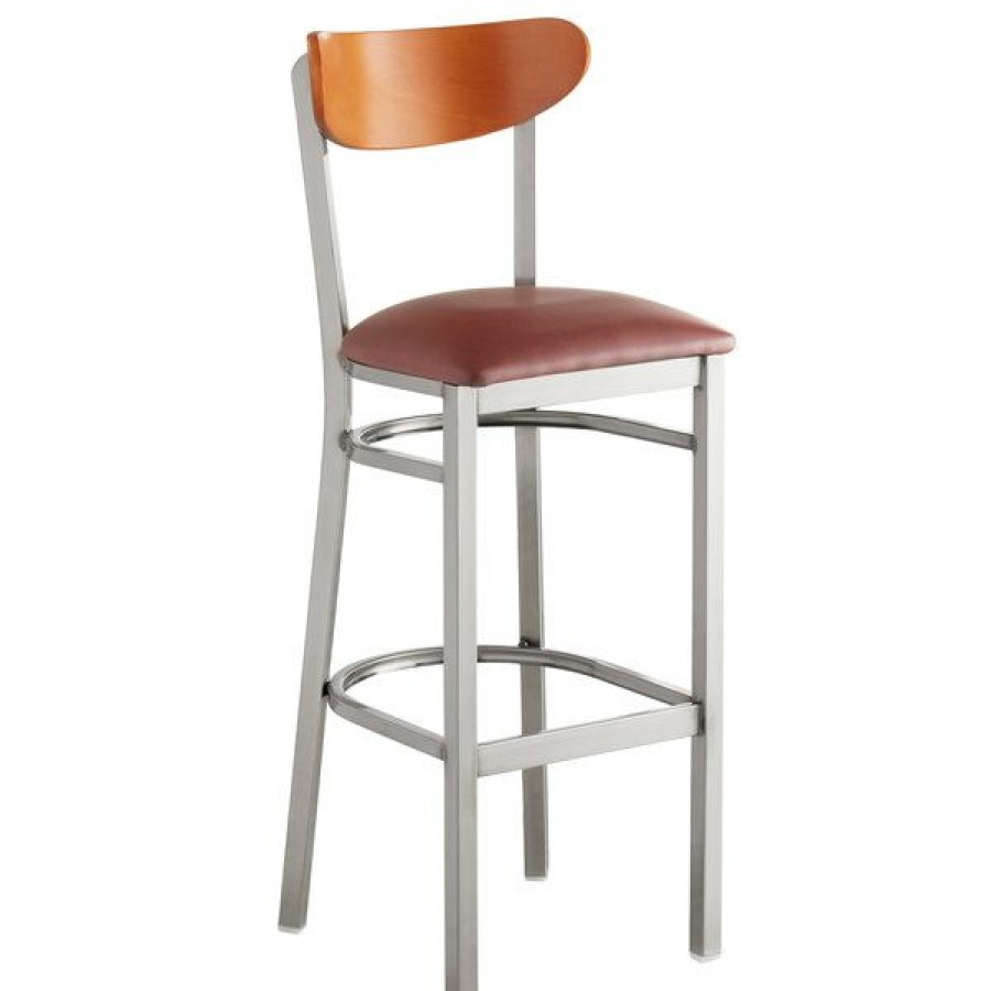 Restaurant Bar Stools * | Cheap Lt&S Boomerang Series Lancaster Table & Seating Boomerang Bar Height Clear Coat Chair With Burgundy Vinyl Seat And Cherry Back